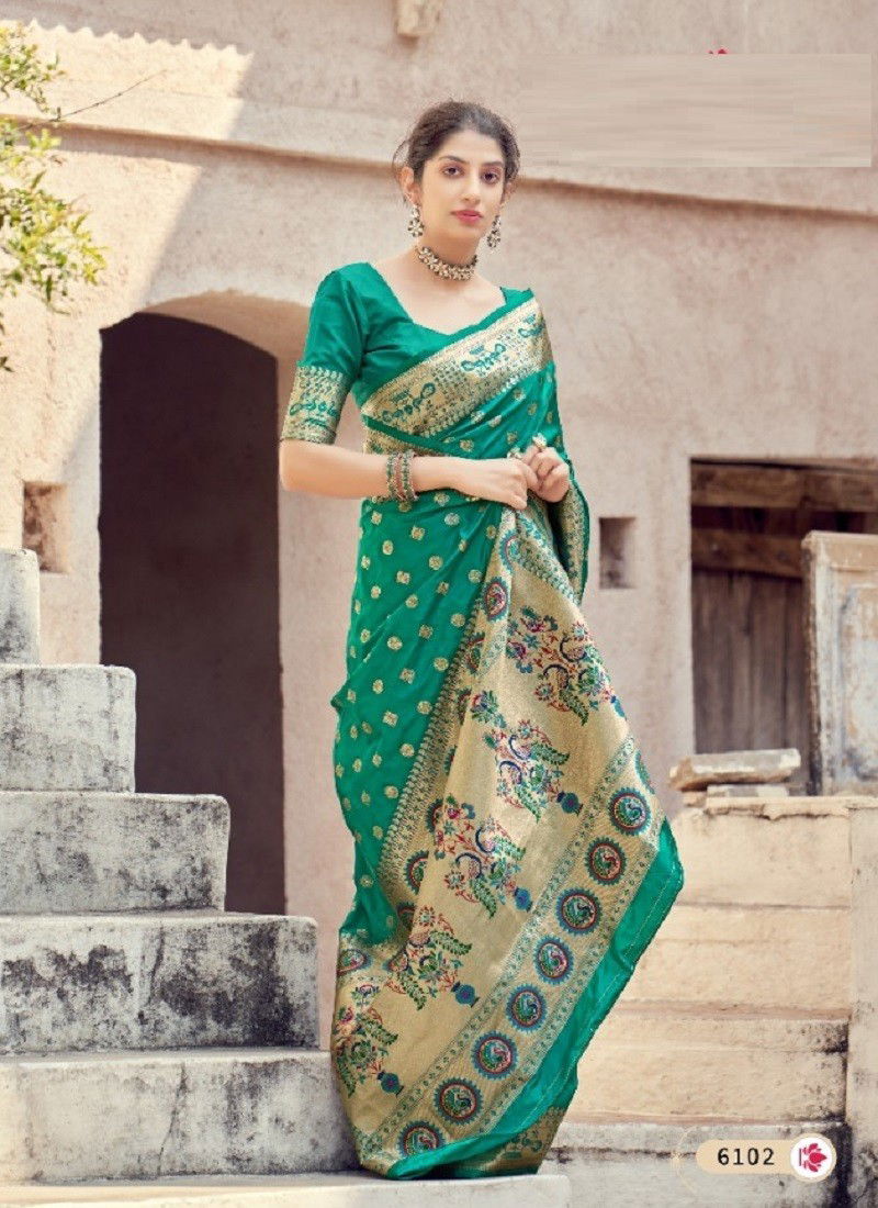 Green Colour Mayuri Paithani Manjubaa Latest Designer Festive Wear Banarasi Silk Saree Collection 6102